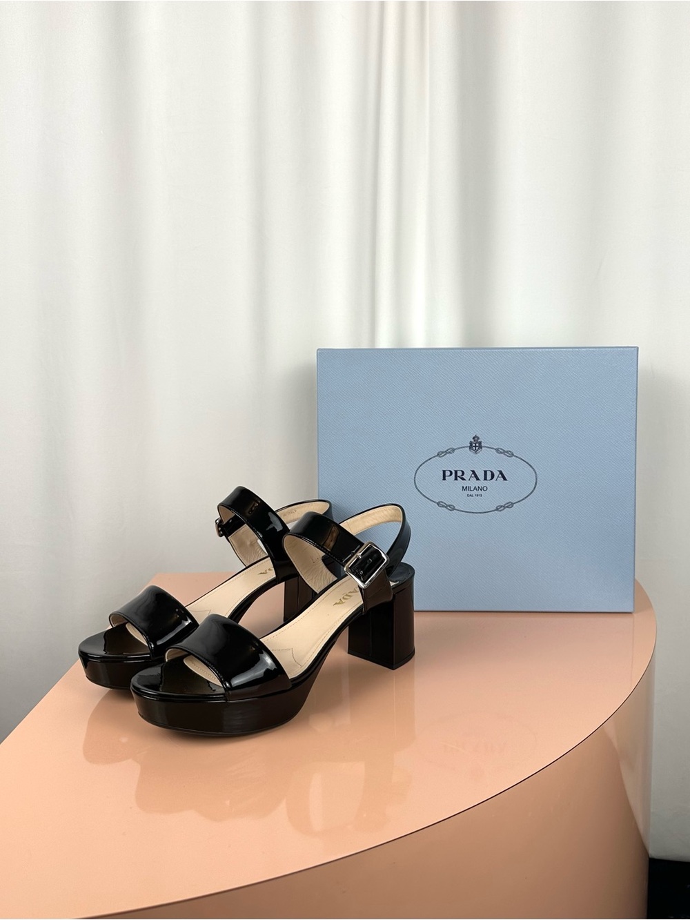 2014 Prada Black Patent Platform Block Heel Sandals 38.5